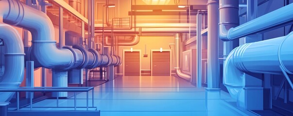 Aufkleber - Cartoon of an industrial pipes system cooling water circulation providing heat control in plant room