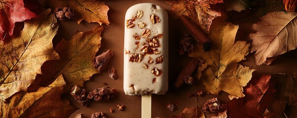 Poster - Creamy pecan and cinnamon popsicle lying on a brown background with colorful autumn leaves