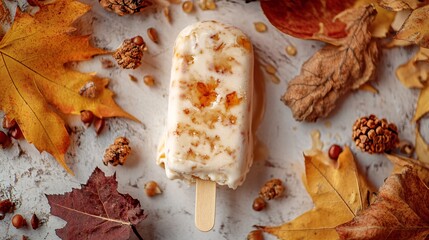 Poster - Ice cream covered with caramel sauce is surrounded by colorful autumn leaves and pine cones on a white rustic table