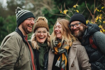 Wall Mural - Group of friends having fun in the forest. Friendship and lifestyle concept.