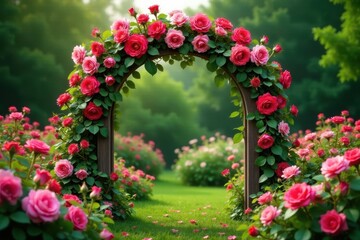 Poster - Rustic wooden rose arch overflowing with various rose varieties in a vibrant garden setting , bloom, rose arch