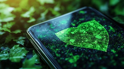 Aufkleber - Smartphone features a green glowing leaf icon, symbolizing sustainability, eco-friendly technology, and environmental consciousness
