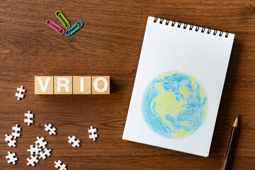 Poster - there is wood cube with the word vrio. it is an abbreviation for value, rarity, inimitability, organ
