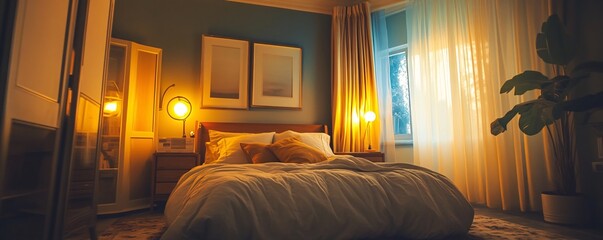 Wall Mural - Cozy bedroom is bathed in sunlight and warm colors from a bedside lamp and curtains