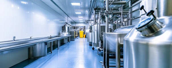 Poster - Shiny interior of a modern beer factory with stainless steel equipment, showing the brewing process