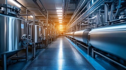 Poster - Industrial facility features a row of stainless steel pressure vessels