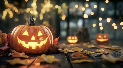 Aufkleber - Glowing halloween pumpkin on a rustic porch at night with bokeh lights in the distance