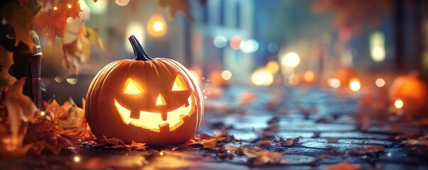 Aufkleber - Pumpkin with a lit candle placed on a city sidewalk at night, surrounded by autumn leaves