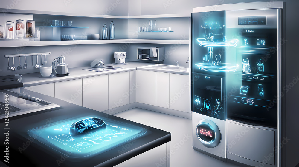 A modern smart kitchen equipped with a futuristic refrigerator ...