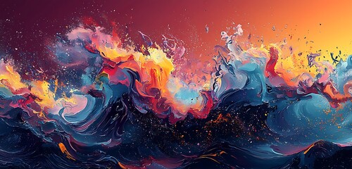 Wall Mural - a cool modern abstract design with splashing waves and vibrant colors, blending into a dynamic, ener