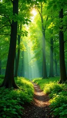 Wall Mural - Lush green canopy, vibrant young trees, sunlight dappled forest floor, aerial, growth