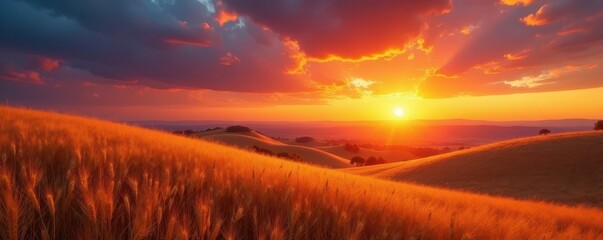 Poster - Rolling hills of wheat under a fiery sunset sky , clouds, colors