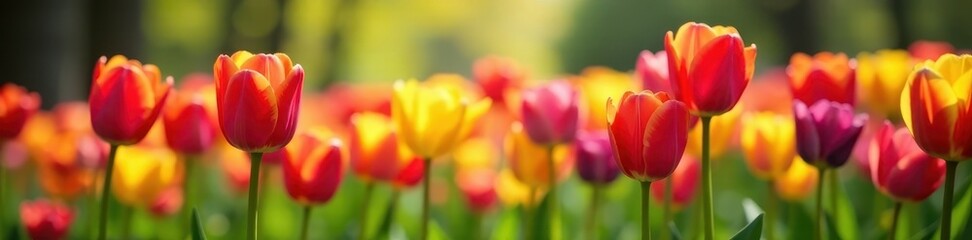 Poster - Colorful tulips in a spring garden, enjoying leisure time , still life, pink