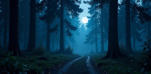 Mysterious forest scene with tall trees and a bright moonlit path leading into the darkness, nature, woods, night