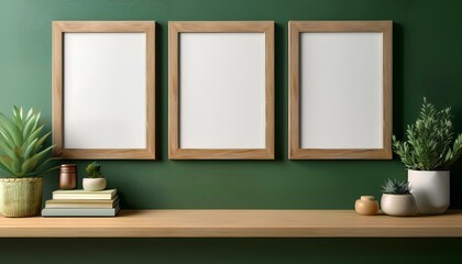 Wall Mural - Three blank pictures frames mockup wall art posters on a green fresh wall with decorative items