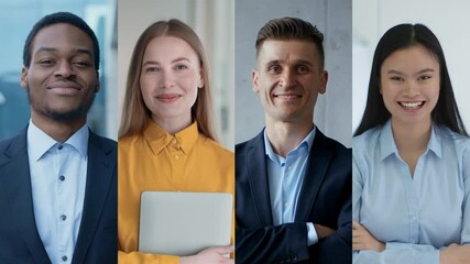Poster - Four diverse professionals stand together, showcasing confidence and collaboration in a bright office environment.