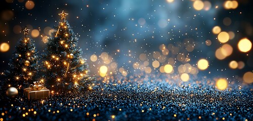 Wall Mural - a dark blue background with golden particles and christmas bokeh lights, creating a magical holiday 