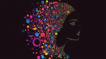 Poster - Vibrant artistic illustration of a woman's profile filled with colorful dots symbolizing thoughts, ideas, and creativity