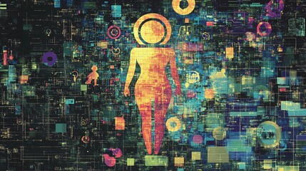 Aufkleber - Artistic portrayal of a woman fused with technology data, representing the link between humans and machines