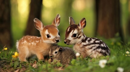 Wall Mural - a trio of adorable fawns and a squirrel nestled in a lush green forest setting