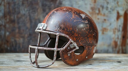Aufkleber - Old football helmet with rust is placed on a wooden bench