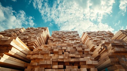 Poster - Stacked wooden planks drying under a blue sky with clouds