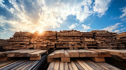 Aufkleber - Sunset over a large pile of wooden planks at a lumber yard