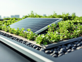 Solar panel integrated with greenery on a rooftop garden.