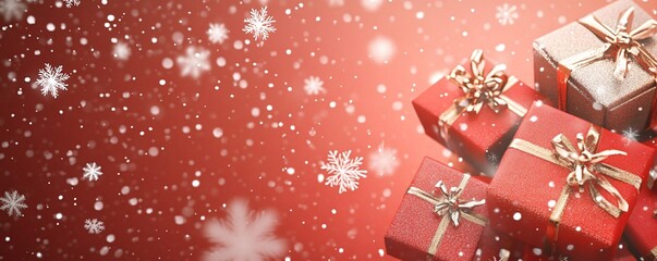 Poster - Red and gold wrapped christmas presents with gold ribbons are piled up on the right side of the image with a red background and falling snow