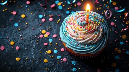 Wall Mural - Colorful cupcake with a lit candle surrounded by festive sprinkles and decorations on a dark surface