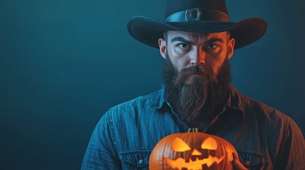 Aufkleber - Cowboy holding a glowing jack o'lantern against a blue backdrop