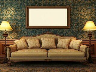 Wall Mural - Elegant Vintage Living Room Interior Design with Antique Sofa and Classic Frame.