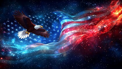Wall Mural - a dynamic american flag, wavy and vibrant, with an eagle soaring through the scene, symbolizing free
