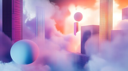 Poster - Abstract Urban Landscape With Geometric Shapes and Vibrant Cloud Formations at Sunset