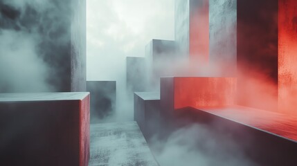 Poster - Abstract Urban Landscape With Fog and Illuminated Geometric Shapes Captured in a Serene Atmosphere During Dusk