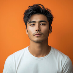 Wall Mural - Handsome Asian man Turn sideways for skin care and cosmetics concept White shirt on orange background