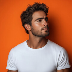 Wall Mural - Handsome man Turn sideways for skin care and cosmetics concept White shirt on orange background