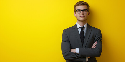 Wall Mural - Handsome man wearing glasses businessman on a yellow background Business Concepts, and Success in Finance, Banking and Investment