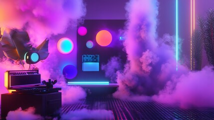 Poster - Colorful Neon Lighting Creates an Immersive Atmosphere With Fog and Abstract Shapes in a Futuristic Space