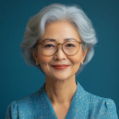 Wall Mural - business woman asian with pride for career and job. Ceo glasses, boss face and happy, confident and proud elderly female entrepreneur from in company on blue background