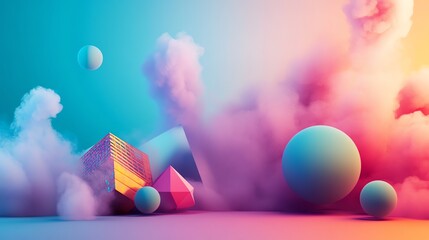 Poster - Surreal Abstract Landscape Featuring Colorful Geometric Shapes and Vibrant Smoke at Dawn
