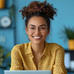 Wall Mural - Happy businesswoman employee and Laptop reading on computer in office on browsing internet, online and research for ideas workplace on blue background