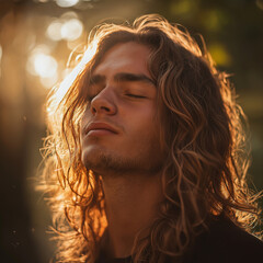 Wall Mural - Young man with long hair enjoying sun with closed eyes getting natural outdoors Peace of mind Mindfulness, mental health, spirituality unwind yourself