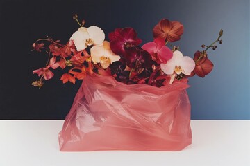 Wall Mural - A vibrant arrangement of orchids in a translucent pink plastic bag against a gradient backdrop, embodying beauty, sustainability, and floral elegance