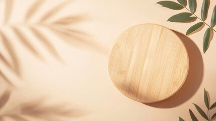 Poster - Simple background for branding and product display with empty circular wooden podium creating shadow on beige backdrop and green foliage