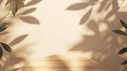 Fototapete - Round wooden podium with leaf shadow on beige background for product display