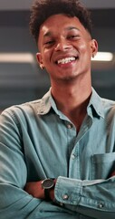 Poster - Businessman, face and laughing with arms crossed in office for stock market trends, trading joke and crypto investment. Night trader, employee and happy with foreign exchange and funny economy news