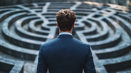 closeup rearview of a young businessman wearing an elegant suit, standing in front of the labyrinth 