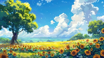 Wall Mural - A beautiful sunflower field under a clear blue sky in a bright and cheerful style