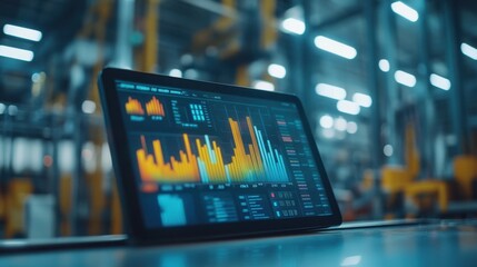 Poster - A close-up of a digital tablet displaying factory performance analytics and statistics.